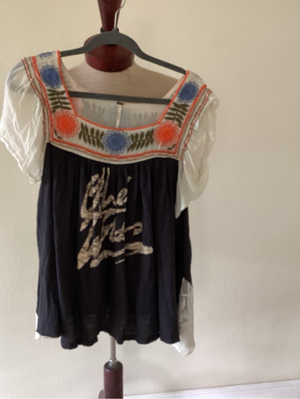 Free People Navy Tunic with White Sleeves and Colorful Embroidery